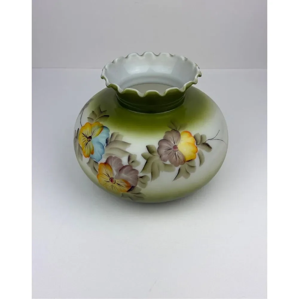Vtg GWTW Glass Lamp Shade Hand Painted Green Floral Ruffled Top, 7